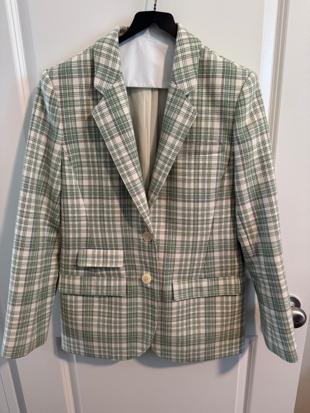 Tory Burch Cream Blazer with Green Plaid Trim